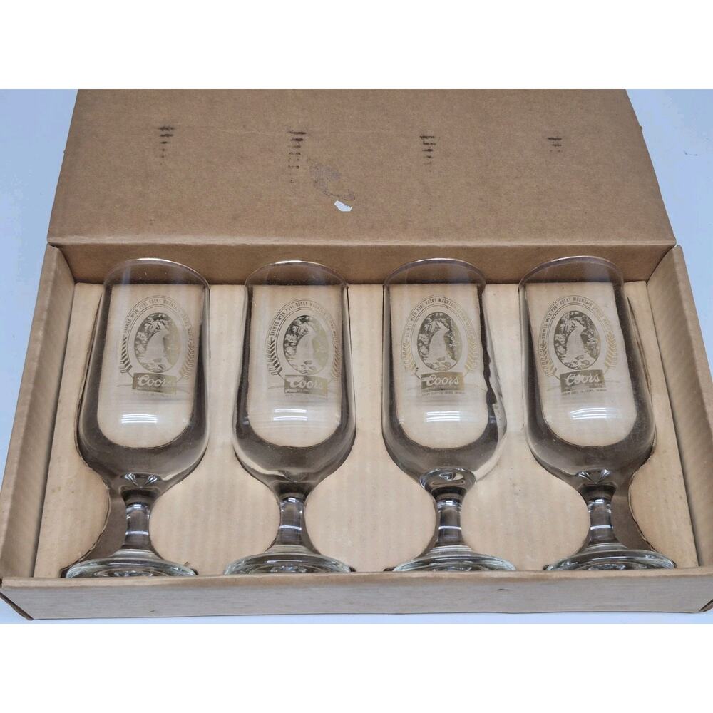 COORS Stemmed Beer Glasses Goblets Gold Rimmed LOGO 12 oz Set of 4-Vintage